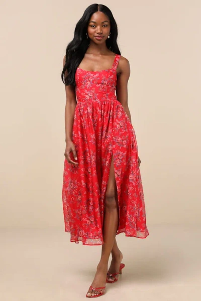 Lulus Francesca Red Floral Sleeveless Midi Dress