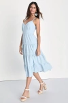 Lulus Freest Feelings Light Blue Plaid Tiered Tie-back Midi Dress In Light Blue