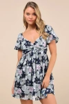 Lulus Fresh Florals Navy Floral Print Puff Sleeve Mini Dress In Navy