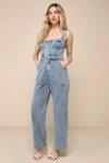 Lulus Fresh Perfection Light Wash Bustier Sleeveless Denim Jumpsuit In Blue