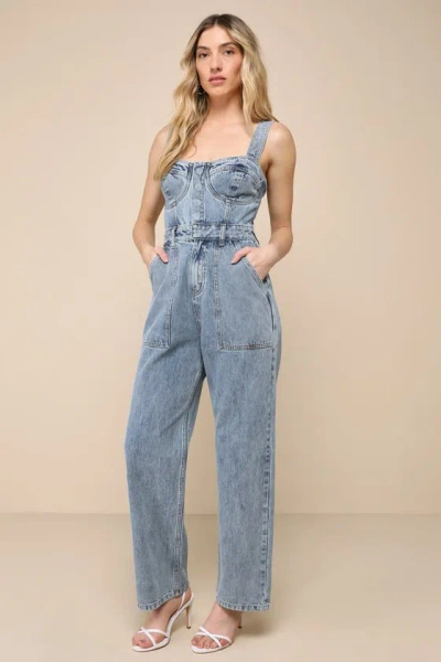Lulus Fresh Perfection Light Wash Bustier Sleeveless Denim Jumpsuit In Blue