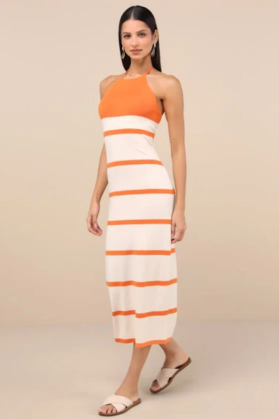 Lulus Friendly Cutie Orange And Ivory Striped Knit Halter Midi Dress