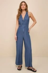 LULUS FRIENDLY VIBES DARK WASH CHAMBRAY COLLARED WIDE-LEG JUMPSUIT
