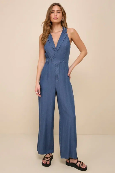 Lulus Friendly Vibes Dark Wash Chambray Collared Wide-leg Jumpsuit In Blue