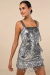 Lulus Fringe Fashion Silver Sequin Fringe Bodycon Mini Dress In Silver
