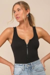 Lulus Full Throttle Black Ribbed Knit Zip-front Sleeveless Bodysuit In Black