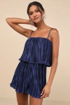Lulus Fun Flirt Navy Blue Satin Plisse Sleeveless Romper In Navy Blue