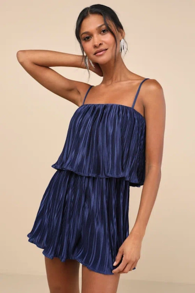 Lulus Fun Flirt Navy Blue Satin Plisse Sleeveless Romper