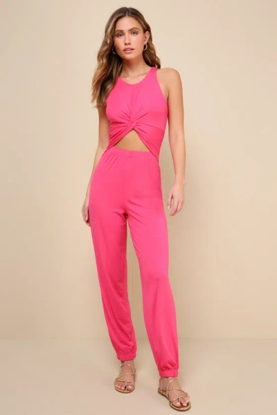 Lulus Fun-loving Comfort Hot Pink Twist-front Cutout Jogger Jumpsuit