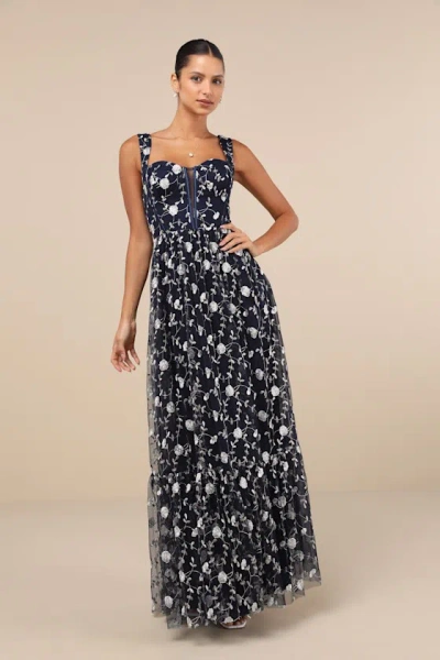 Lulus Gala Invite Navy Blue Embroidered Tulle Bustier Maxi Dress