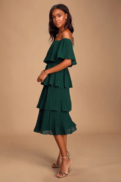 Lulus Gala Ready Forest Green Off-the-shoulder Ruffle Midi Dress