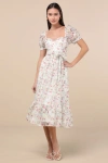 Lulus Galiena Ivory Floral Tiered Puff Sleeve Midi Dress In Ivory