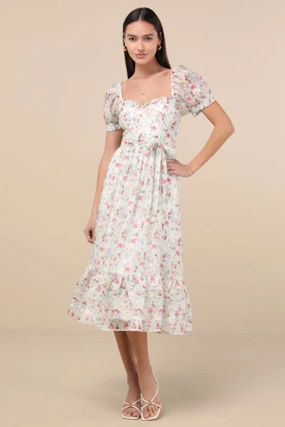 Lulus Galiena Ivory Floral Tiered Puff Sleeve Midi Dress