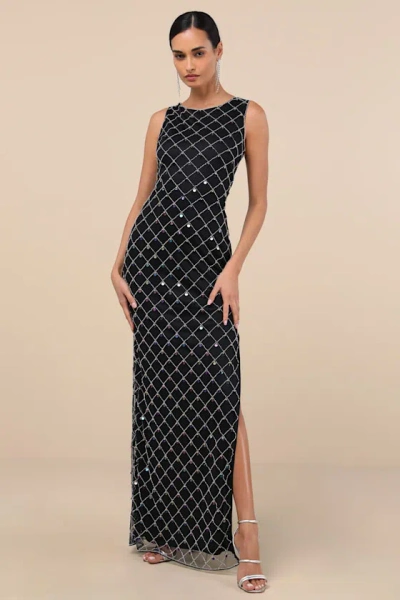 Lulus Gallio Black Beaded Sequin Sleeveless Column Maxi Dress