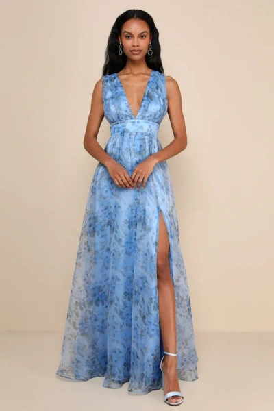 Lulus Garden Of Passion Blue Floral Print Organza Maxi Dress