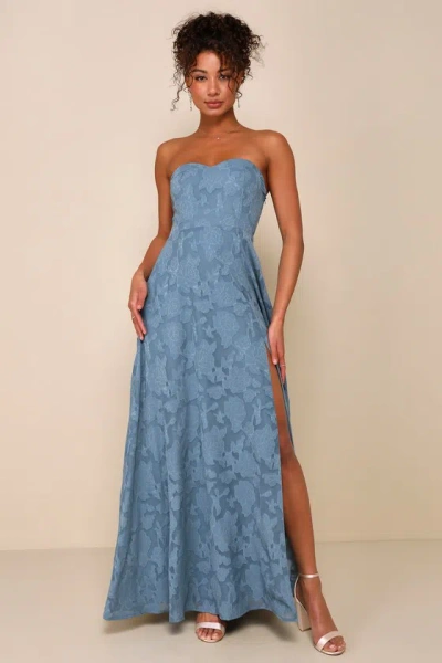 Lulus Garden Of Romance Dusty Blue Floral Burnout Strapless Maxi Dress