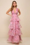 LULUS GARDEN RADIANCE PINK FLORAL PRINT ORGANZA TIERED MAXI DRESS