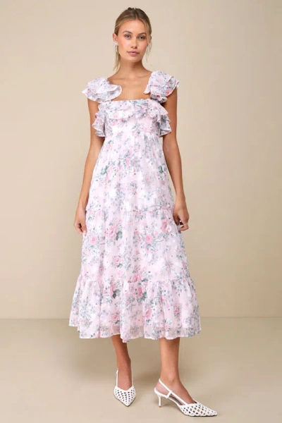 Lulus Genuine Sweetness Light Pink Floral Jacquard Lace-up Midi Dress