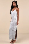 Lulus Get In The Groove Silver Sequin Fringe Bodycon Maxi Dress In Silver