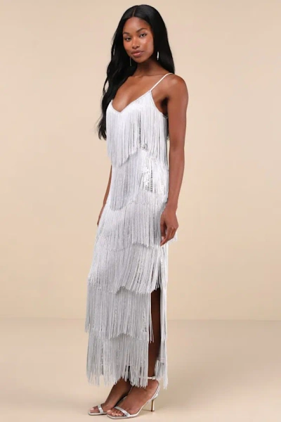 Lulus Get In The Groove Silver Sequin Fringe Bodycon Maxi Dress