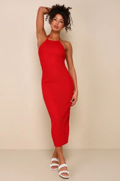 Lulus Getaway Mood Red Crochet Halter Bodycon Midi Dress