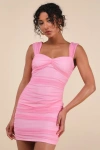 Lulus Giannina Pink Mesh Ruched Bodycon Mini Dress