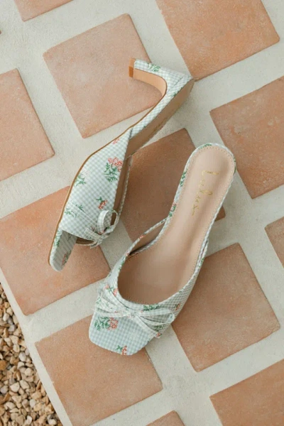 Lulus Gilzean Green Gingham Bow High Heel Slide Sandals In Multi