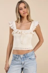 LULUS GIOIA CREAM RIBBED RUFFLED CAP SLEEVE TOP