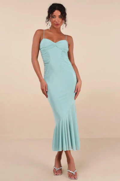 Lulus Giorgina Sage Mesh Gathered Trumpet Midi Dress