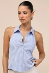 Lulus Giosetta Blue Pinstriped Button-front Halter Top In Blue