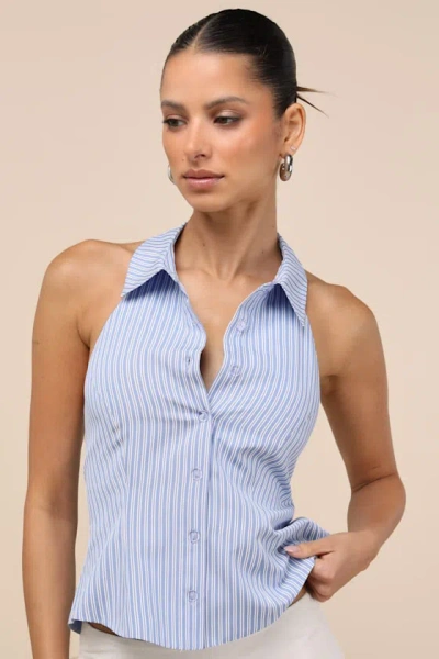 Lulus Giosetta Blue Pinstriped Button-front Halter Top