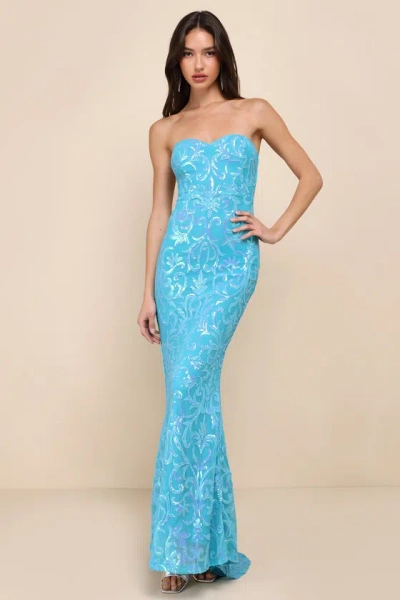 Lulus Glam Aura Blue Iridescent Sequin Strapless Maxi Dress