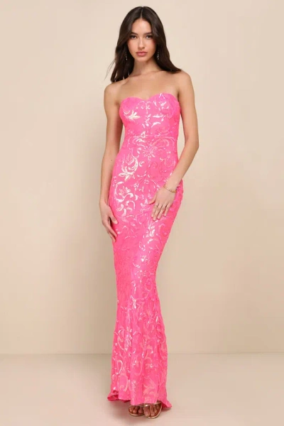 Lulus Glam Aura Hot Pink Iridescent Sequin Strapless Maxi Dress