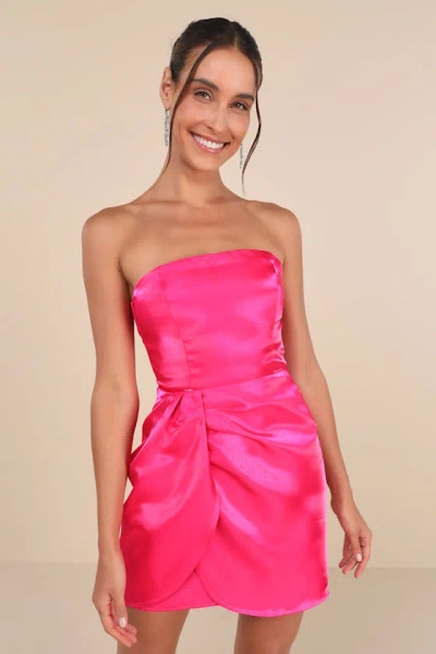 Lulus Glam Impulse Shiny Hot Pink Strapless Tulip Mini Dress