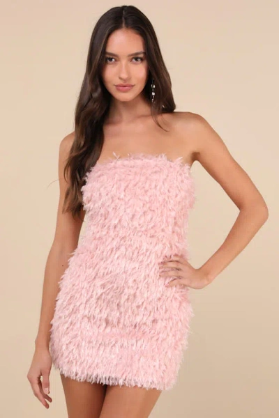 Lulus Glam Instinct Light Pink Fringe Strapless Bodycon Mini Dress