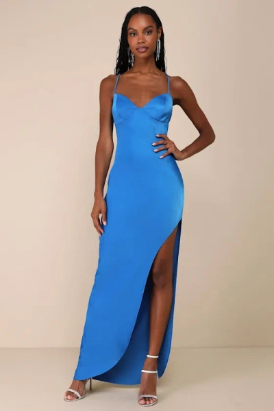 Lulus Glam Sentiment Blue Satin Lace-up Slip Maxi Dress