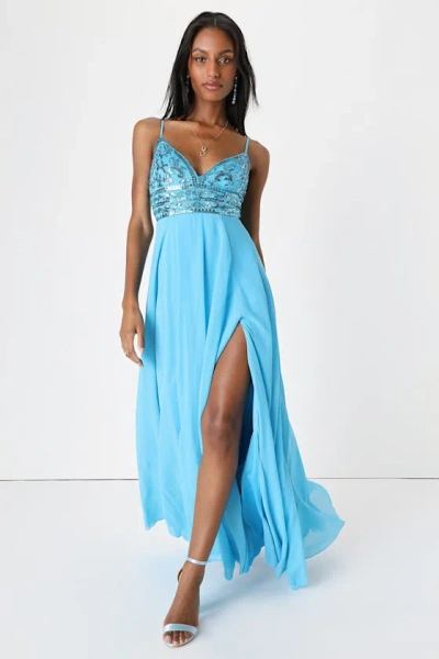 Lulus Glam Sweetheart Blue Sequin Beaded Sleeveless Maxi Dress
