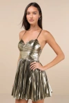 Lulus Glamorous Choice Gold Metallic Pleated Lace-up Mini Dress In Gold