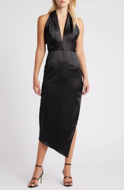 Lulus Glamorous Desires Asymmetric Satin Halter Dress In Black | ModeSens