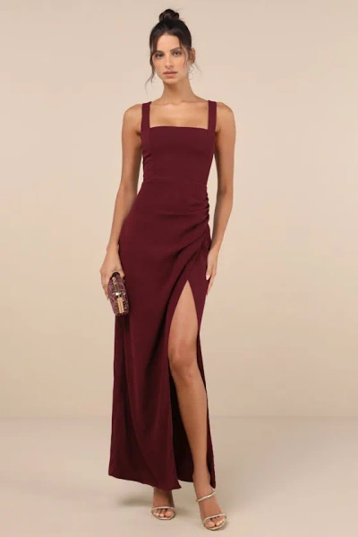 Lulus Glamorous Disposition Burgundy Ruched Maxi Dress