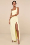 Lulus Glamorous Disposition Light Yellow Ruched Maxi Dress In Light Yellow