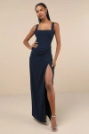 Lulus Glamorous Disposition Navy Ruched Maxi Dress In Navy