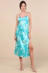 Lulus Glamorous Efforts Aqua Floral Print Tie-back Midi Dress In Blue
