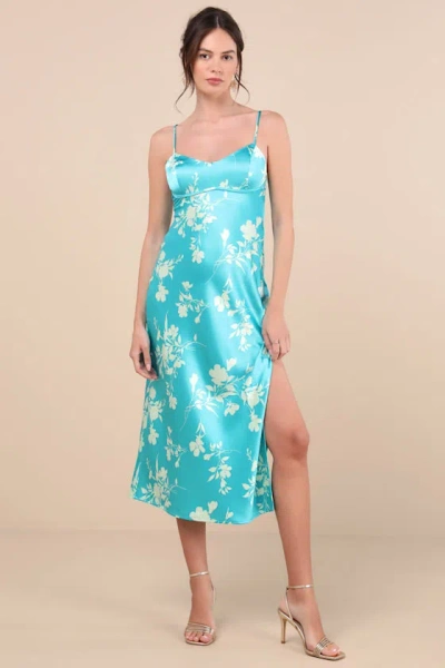 Lulus Glamorous Efforts Aqua Floral Print Tie-back Midi Dress In Blue