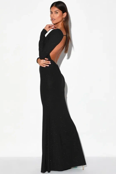 Lulus Glamorous In Glitter Black Long Sleeve Backless Maxi Dress