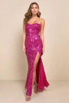 Lulus Glamorous Intrigue Magenta Sequin Strapless Maxi Dress In Magenta