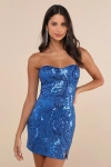 Lulus Glamorous Intrigue Royal Blue Sequin Strapless Mini Dress In Royal Blue