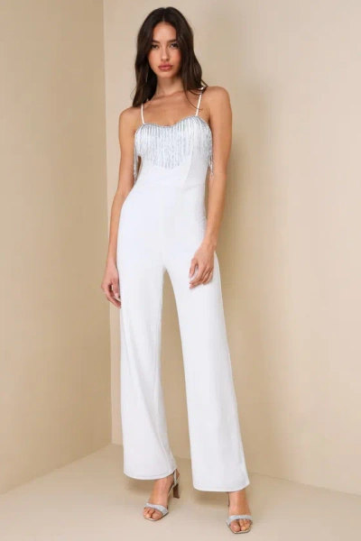 Lulus Glamorous Intuition White Beaded Fringe Bustier Jumpsuit