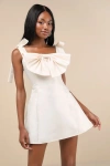 Lulus Glamorous Luxury Champagne Taffeta Bow Lace-up Mini Dress In Champagne