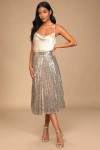 Lulus Glamorous Occasion Rose Gold Sequin Pleated Midi Skirt In Rose Gold